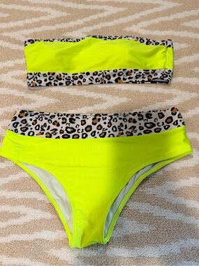 SHEIN Neon Yellow Leopard Trim Bandeau Bikini Set